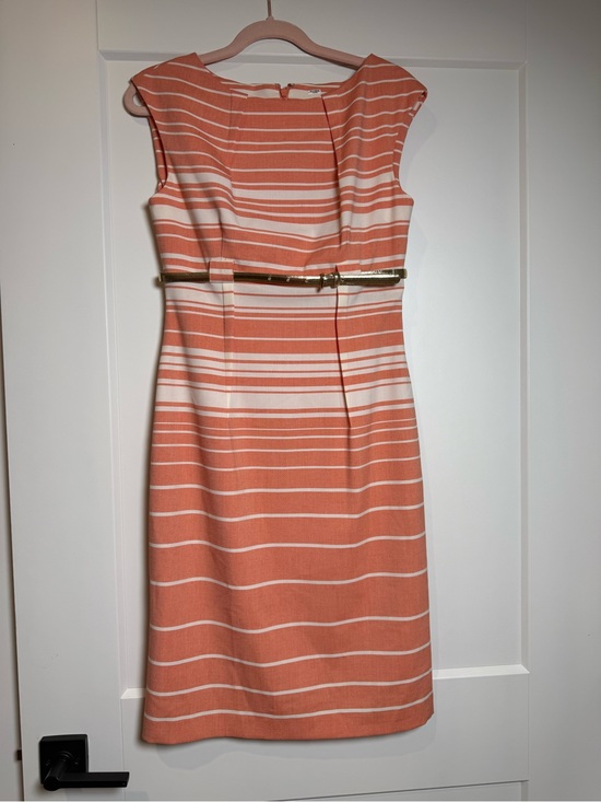 Calvin Klein Dresses & Skirts - Calvin Klein Coral White Striped Sheath Dress Gold Belt Size 2